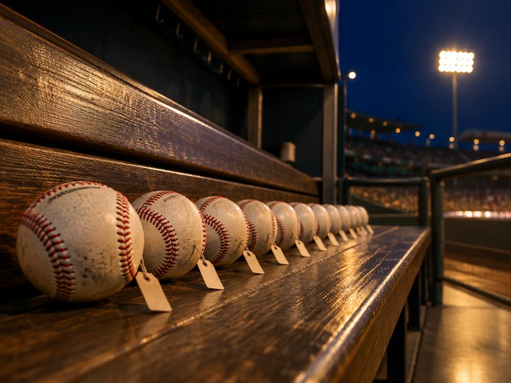 Baseballs lined up in a dugout, each one a single repair.