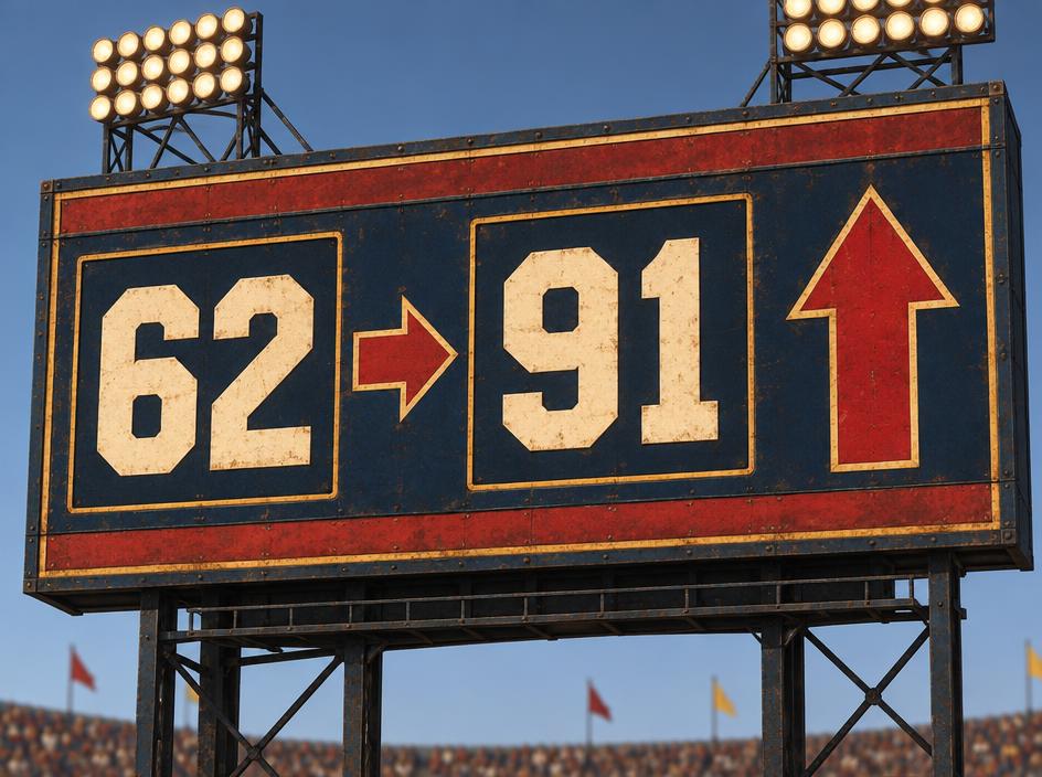 Scoreboard showing an AI-readiness score rising from 62 to 91.