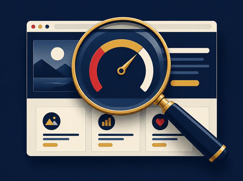 Magnifying glass over a website score.